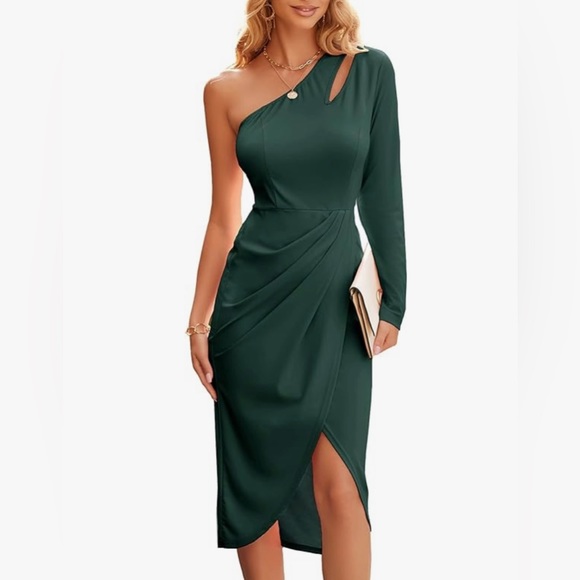 PRETTYGARDEN One Shoulder Bodycon Ruched Cutout MIDI Dress in Dark Green.  NWT - Picture 1 of 13
